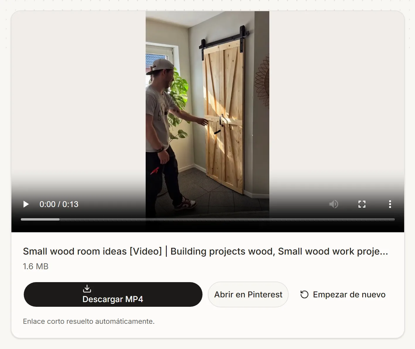 La tarjeta de resultado de PinSave tras resolver un Pin de vídeo: reproductor con la vista previa, tamaño del archivo y el botón Descargar MP4